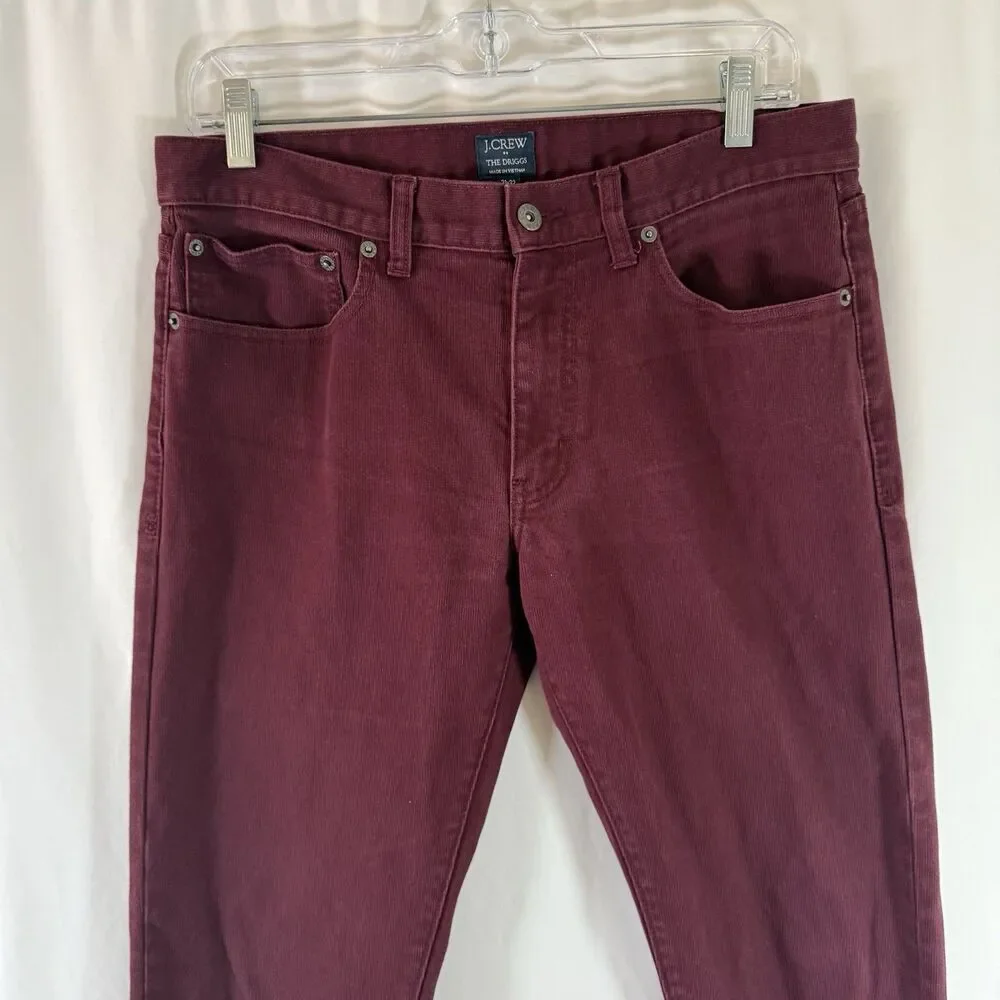 J. Crew the Driggs Jeans Men's 31x32 Burgundy Red Button Zip 100% Cotton